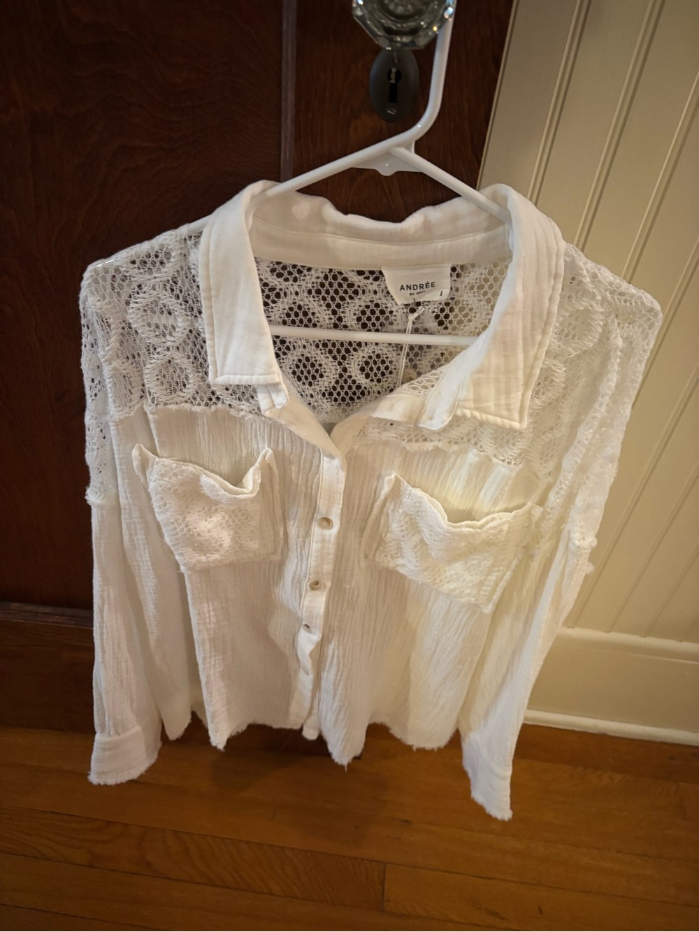 NWT Andree by Unit  Lace-Yoke Button Front Women's Top